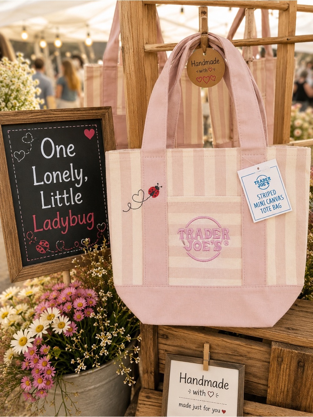 🩷Trader Joe’s Striped Mini Canvas Tote – Custom Ladybug Embroidery 🐞🩷| NWT